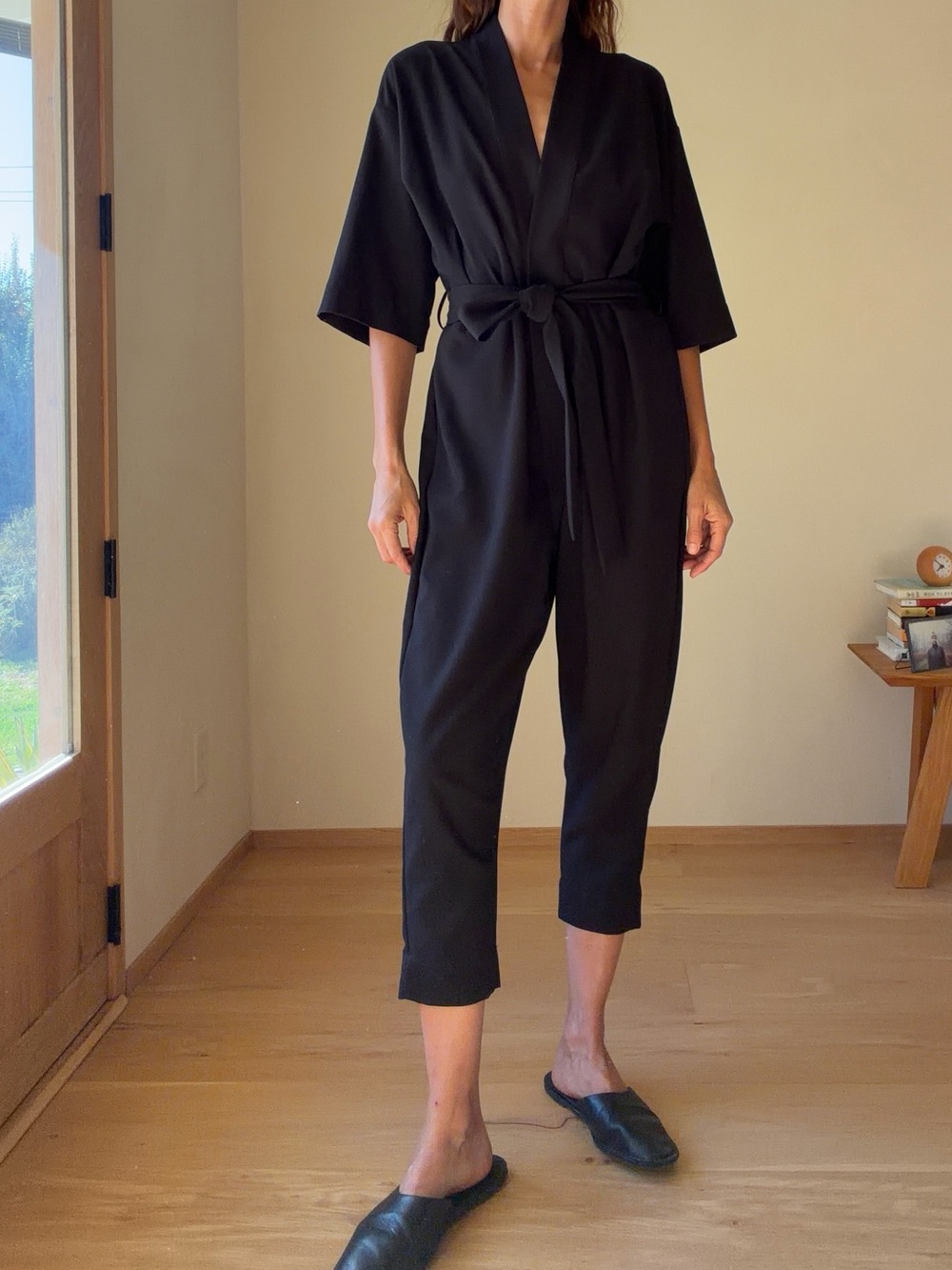 Jesse Kamm Black V‑Wrap Tie-Waist Jumpsuit